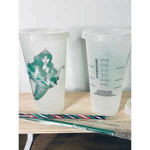Starbucks Reusable Venti Cold Cup Set of 2 Frosted Mermaid Siren Teal NEW 24oz